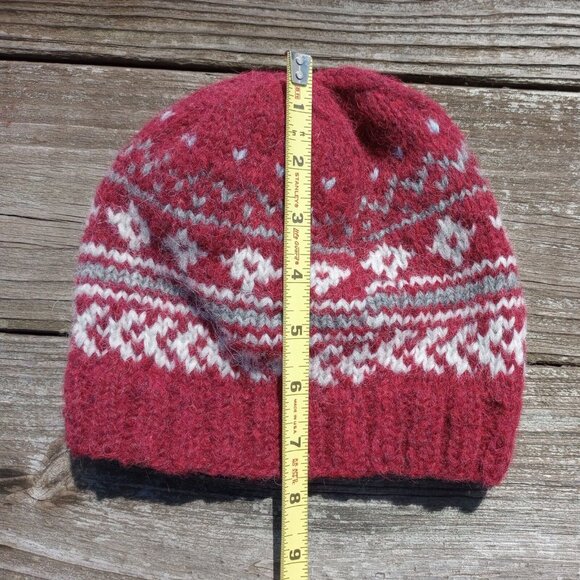 Men's Alpaca Fair Isle Wool Beanie Hat Hand Knit Red Winter Nordic Women's - Picture 7 of 9
